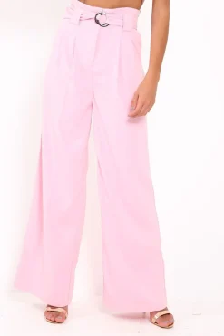 Rebellious Fashion Pink Belted High Waist Wide Leg Trousers - Elianny