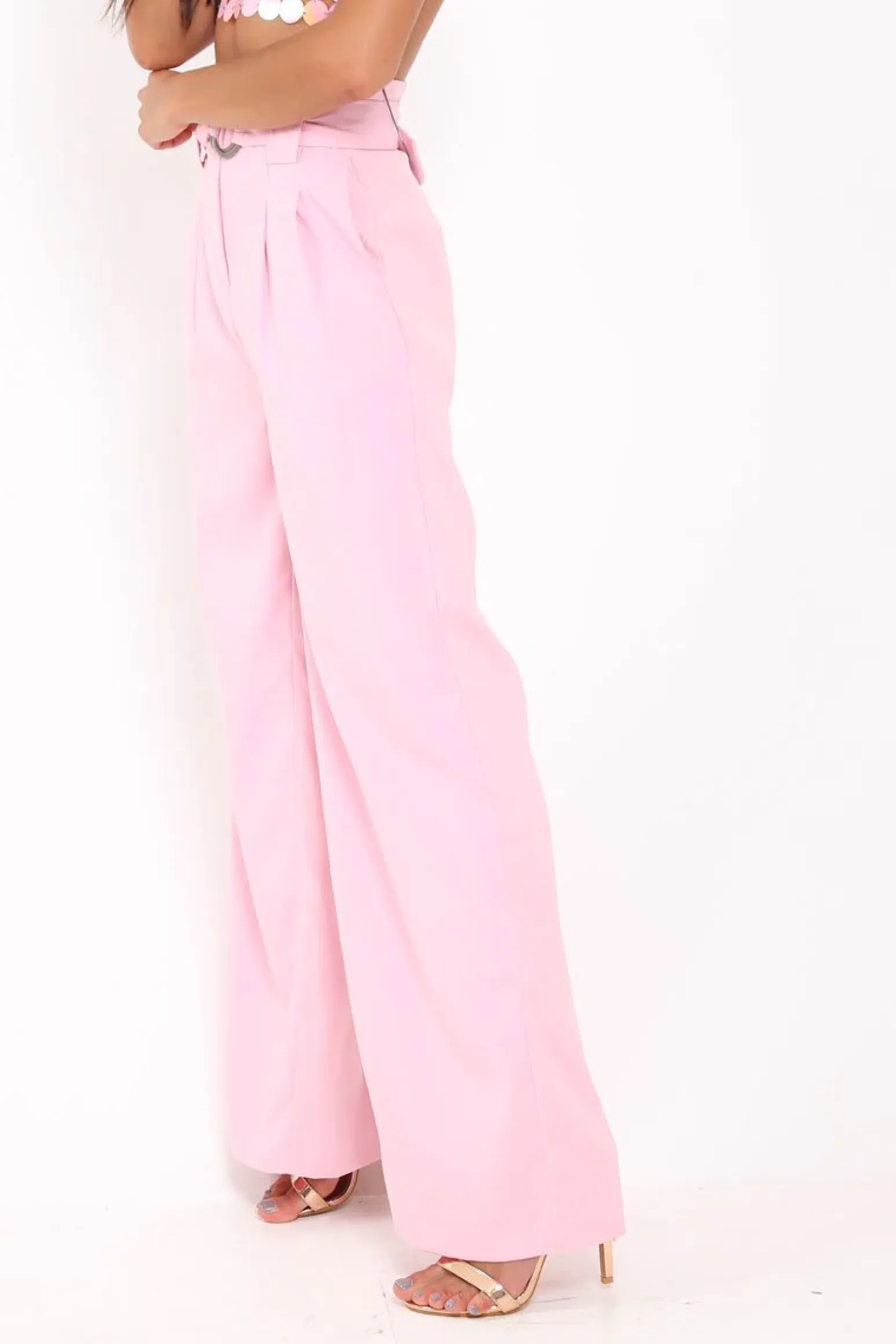 Rebellious Fashion Pink Belted High Waist Wide Leg Trousers - Elianny
