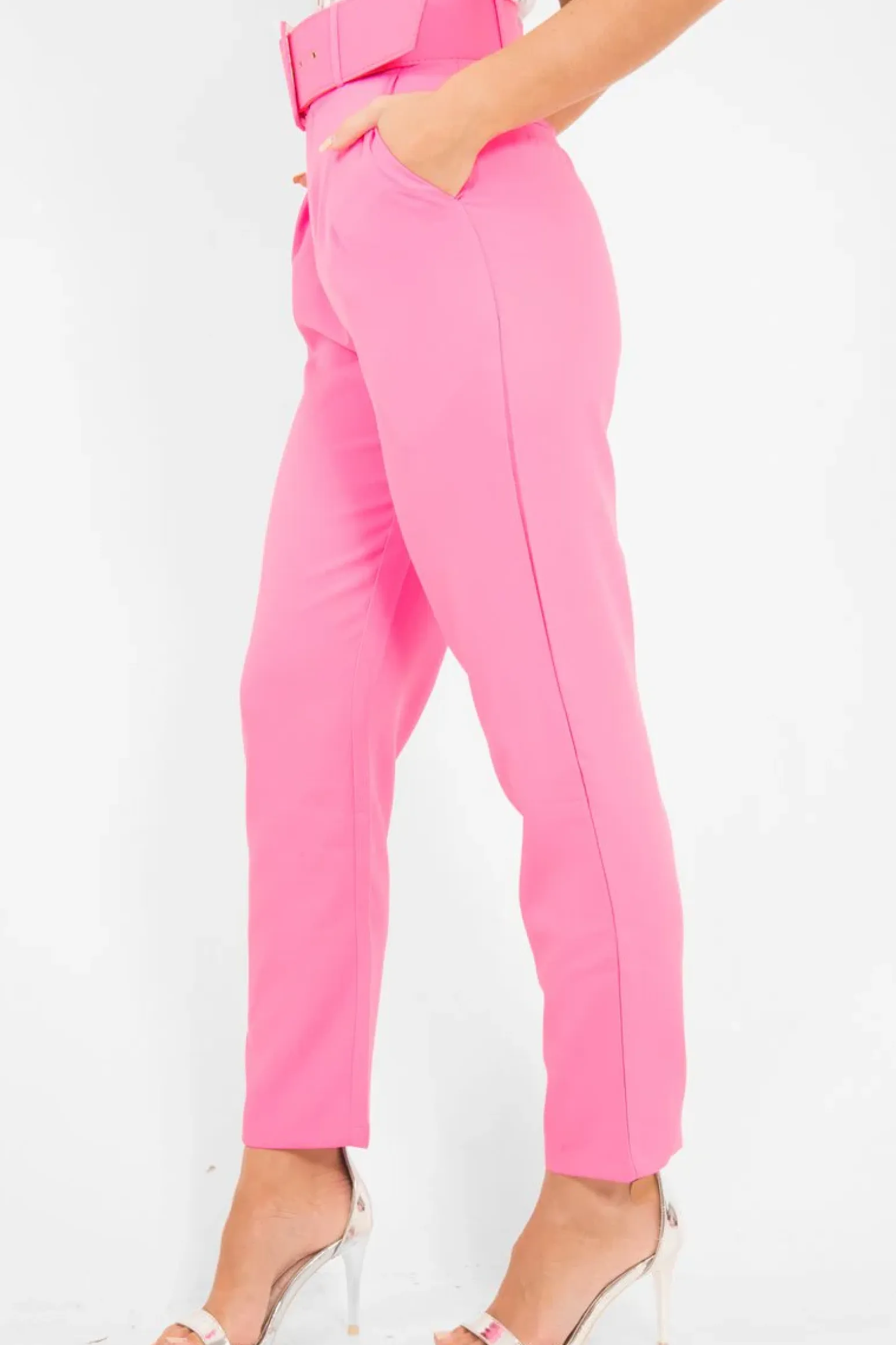 Rebellious Fashion Pink Belted Tapered Peg Trousers - Jessika