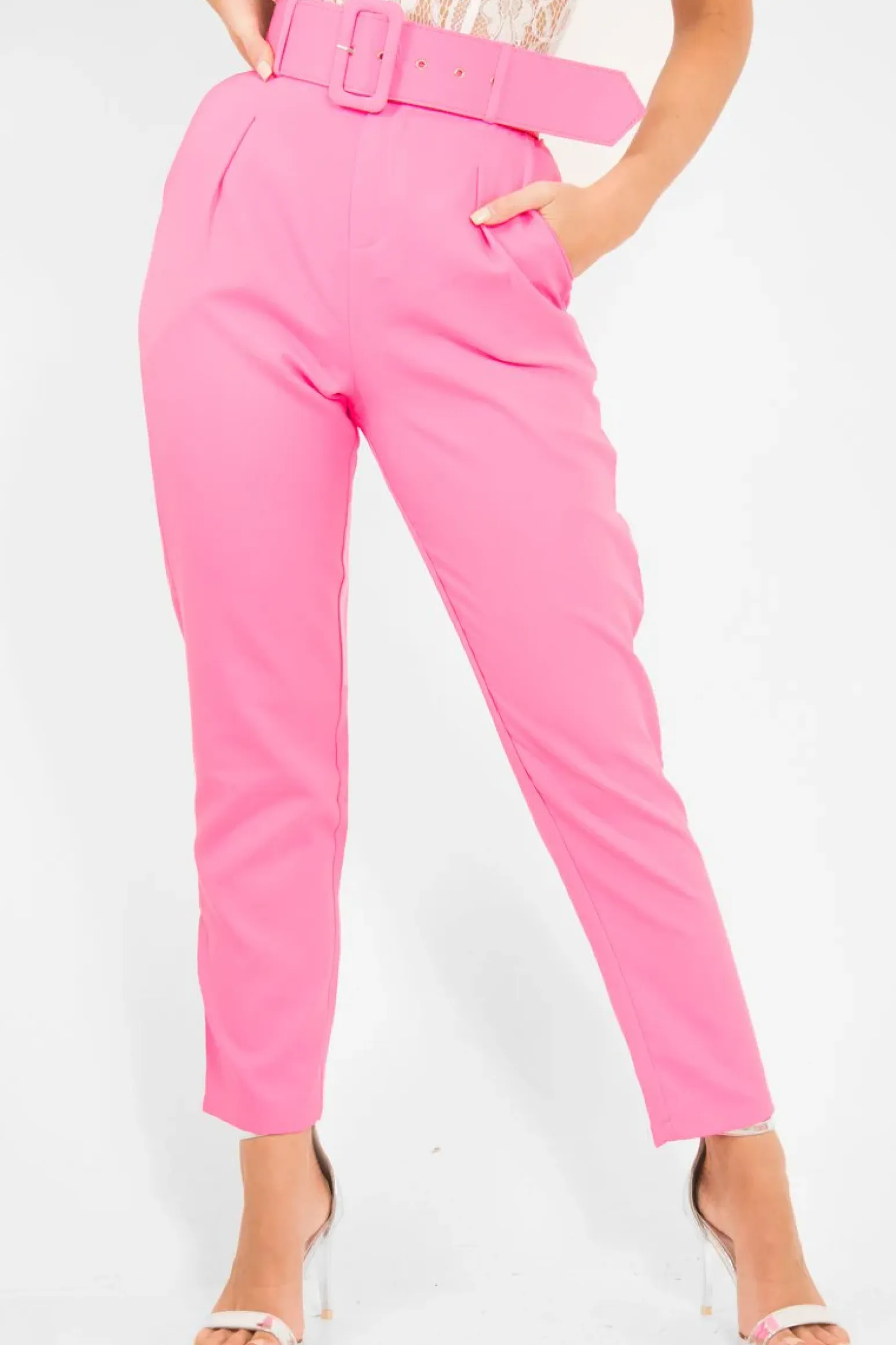 Rebellious Fashion Pink Belted Tapered Peg Trousers - Jessika