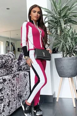 Rebellious Fashion Pink Black and White Striped Tracksuit - Cayla