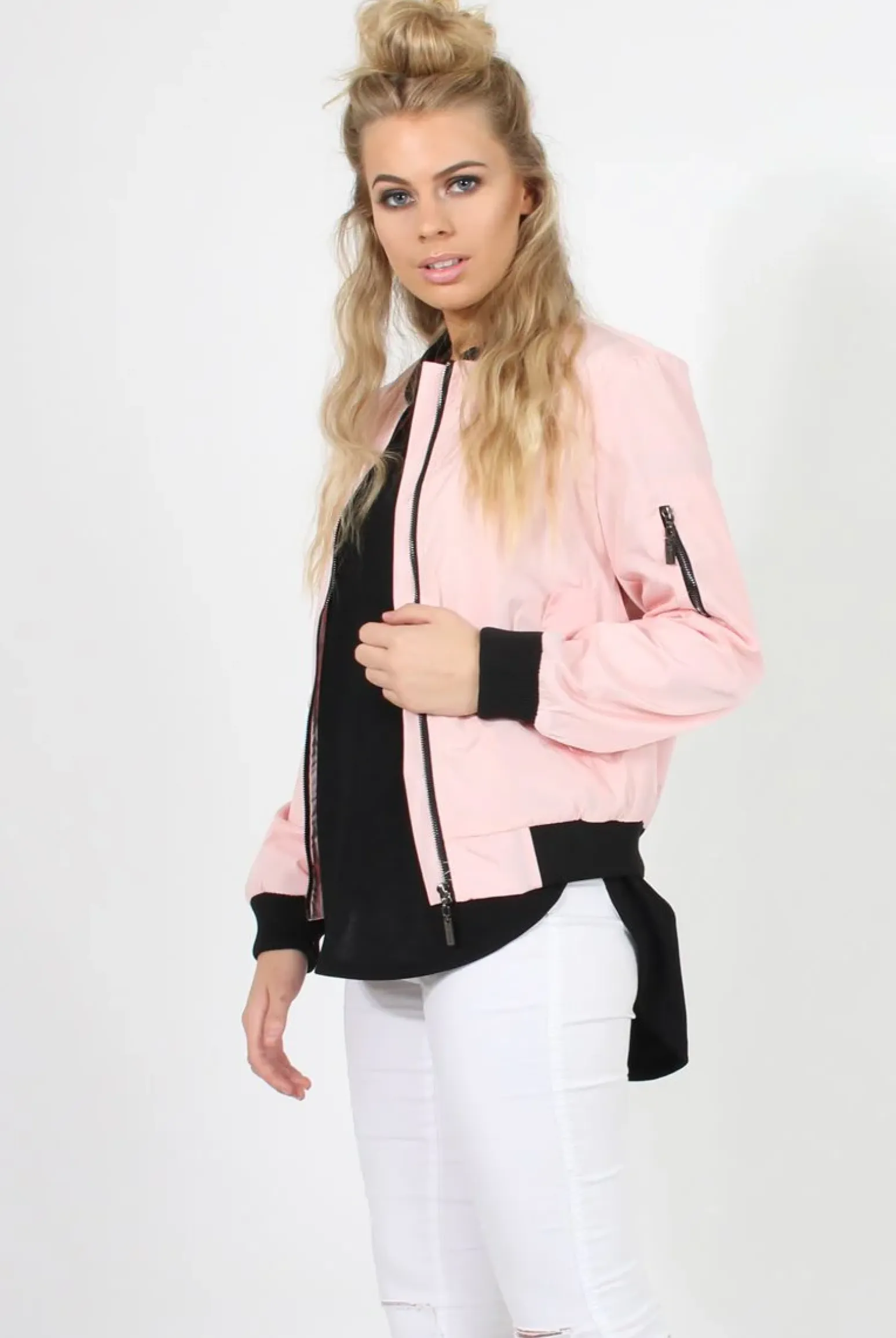 Rebellious Fashion Pink Black Zip Bomber Jacket - Minah