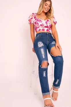Rebellious Fashion Pink Bold Floral Corset Crop Top - Ivonne