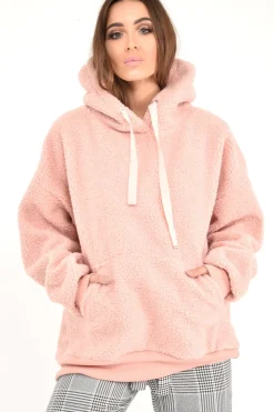 Rebellious Fashion Pink Borg Pocket Front Hoodie - Dezi