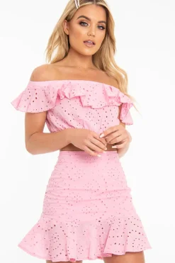 Rebellious Fashion Pink Broderie Lace Bardot Crop Top Skirt Co-Ord - Dahlia