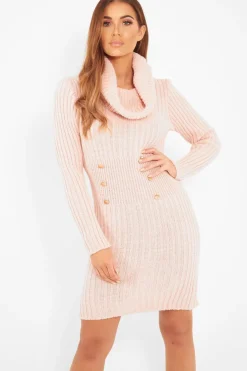 Rebellious Fashion Pink Button Front Roll Neck Jumper Dress - Ericka