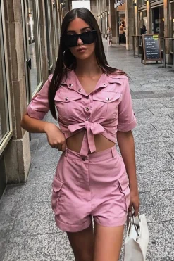 Rebellious Fashion Pink Button Front Utility Shirt Shorts Co-ord - Galia