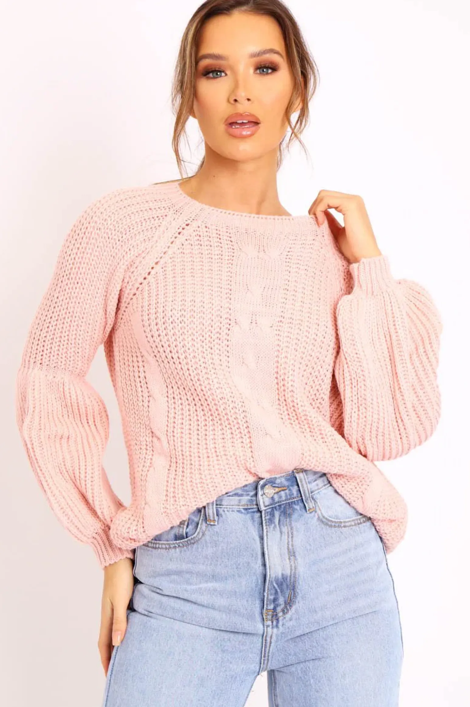 Rebellious Fashion Pink Cable Knit Balloon Sleeve Jumper - Elicia