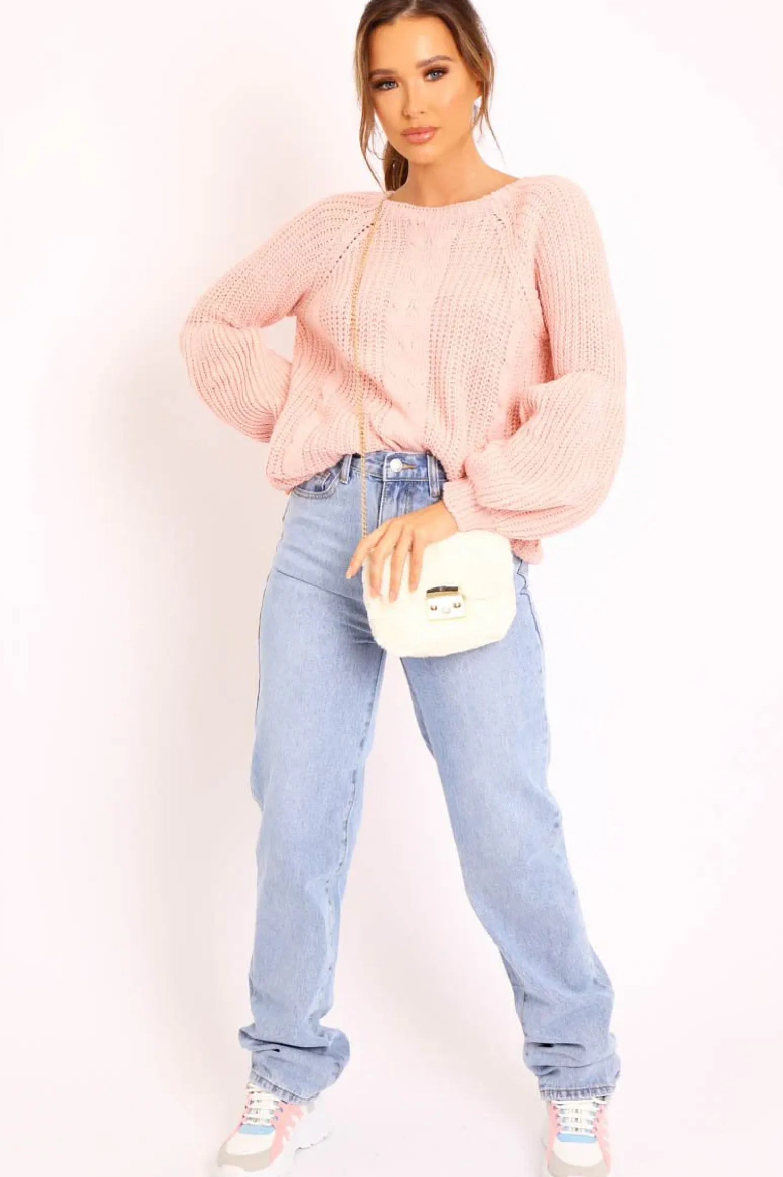 Rebellious Fashion Pink Cable Knit Balloon Sleeve Jumper - Elicia
