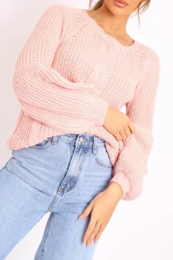 Rebellious Fashion Pink Cable Knit Balloon Sleeve Jumper - Elicia