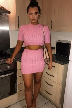 Rebellious Fashion Pink Cable Knit Crop Top And Skirt Co-ord - Galiana