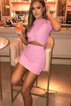 Rebellious Fashion Pink Cable Knit Crop Top And Skirt Co-ord - Galiana
