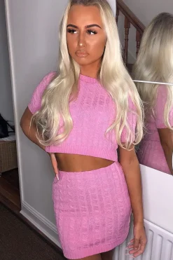 Rebellious Fashion Pink Cable Knit Crop Top And Skirt Co-ord - Galiana