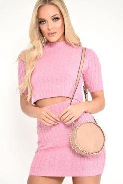 Rebellious Fashion Pink Cable Knit Crop Top And Skirt Co-ord - Galiana