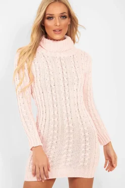 Rebellious Fashion Pink Cable Knit Roll Neck Jumper Dress - Matilda