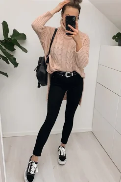Rebellious Fashion Pink Cable Knit Roll Neck Jumper - Laraina