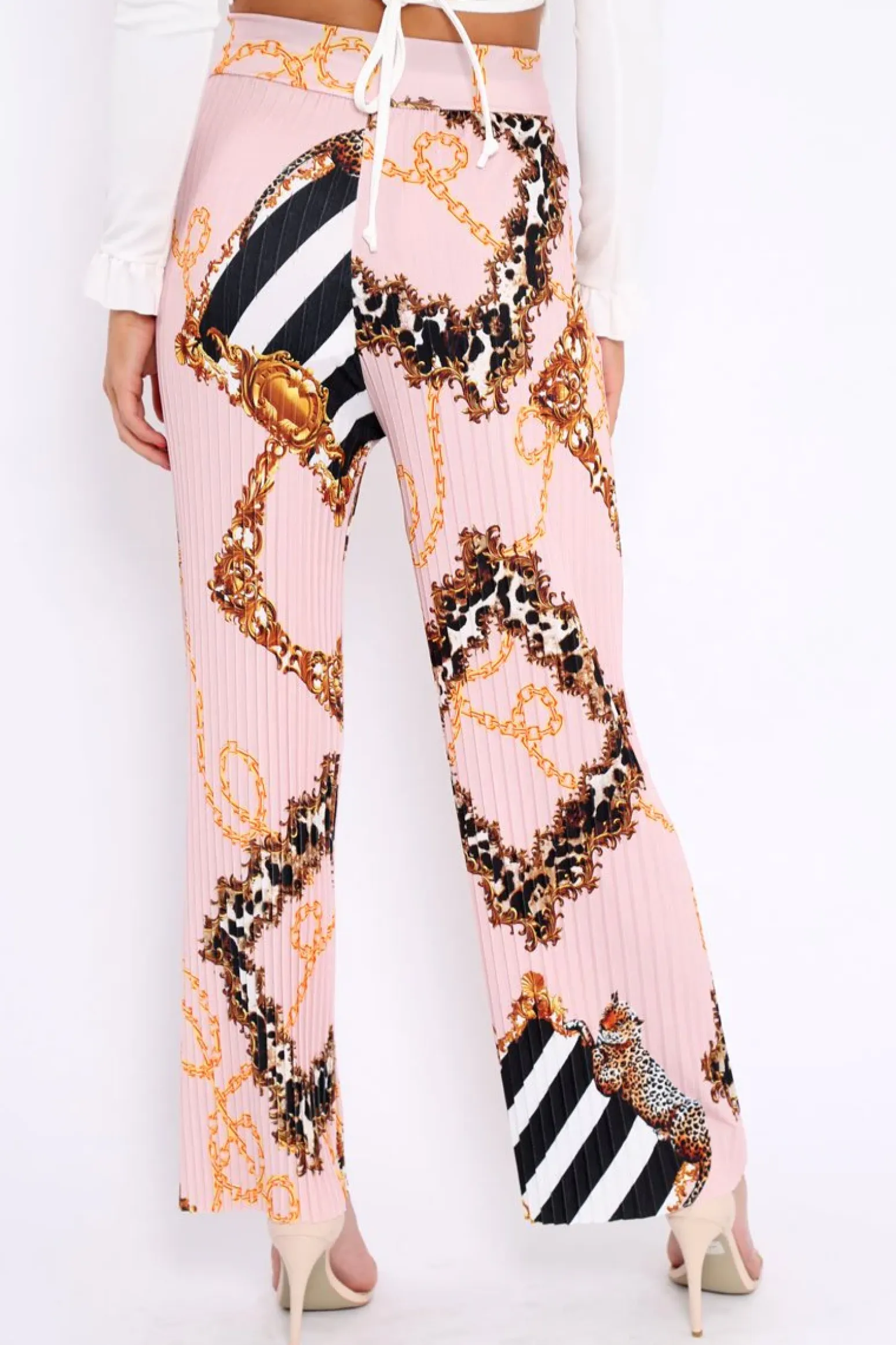 Rebellious Fashion Pink Chain Pleated Wide Leg Trousers - Neola