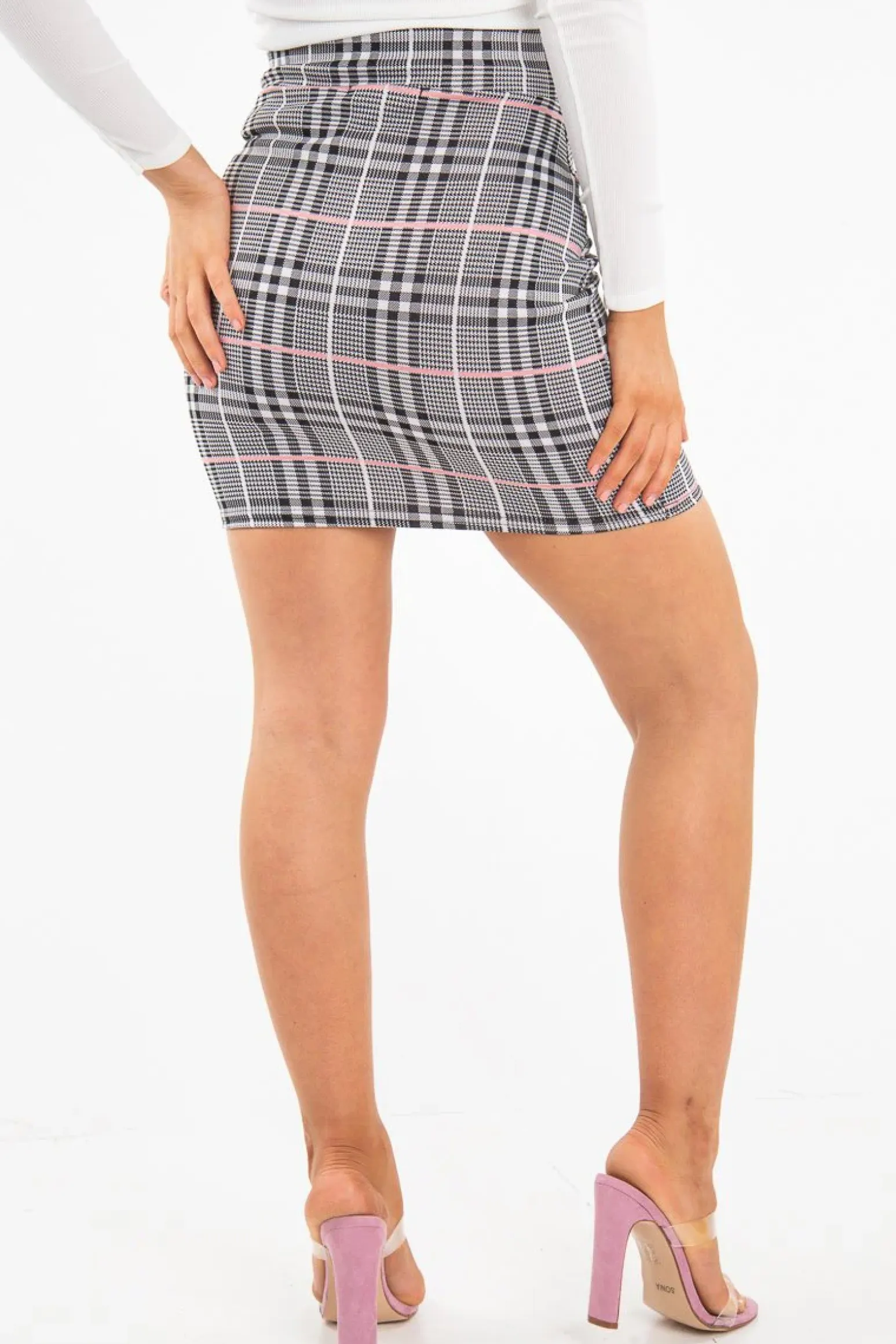 Rebellious Fashion Pink Check Buckle Front Knitted Mini Skirt - Eisley