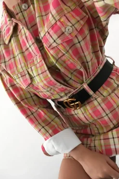 Rebellious Fashion Pink Check Denim Mini Skirt - Blanca