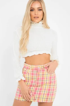 Rebellious Fashion Pink Check Denim Mini Skirt - Blanca