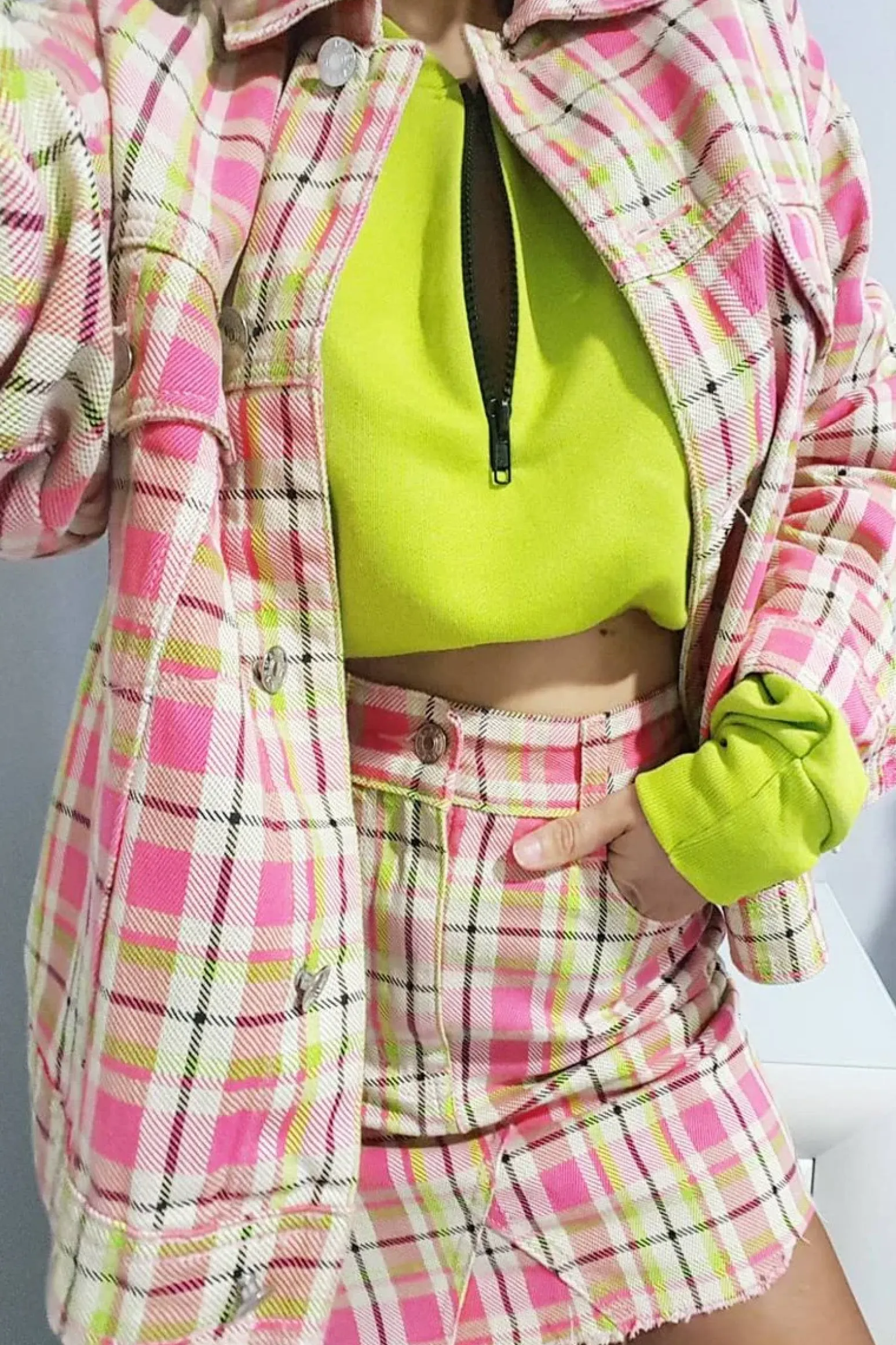 Rebellious Fashion Pink Check Denim Mini Skirt - Blanca