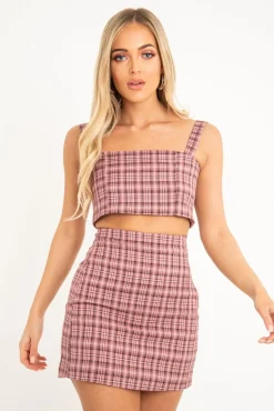 Rebellious Fashion Pink Checked Bodycon Mini Skirt - Adaya