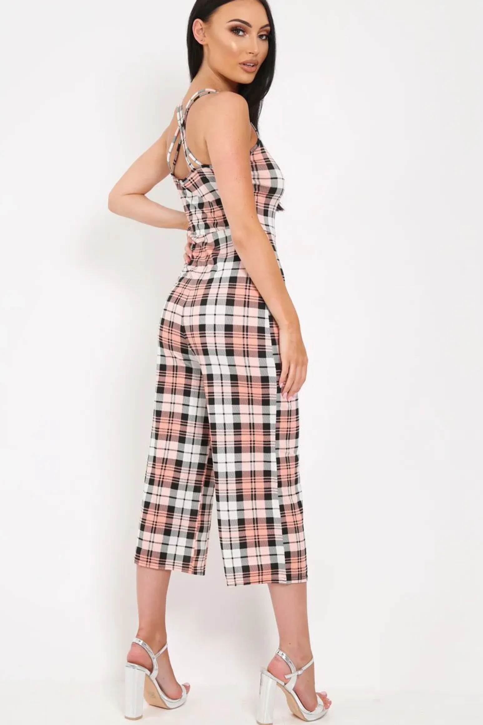 Rebellious Fashion Pink Checked Button Front Jumpsuit - Lillier