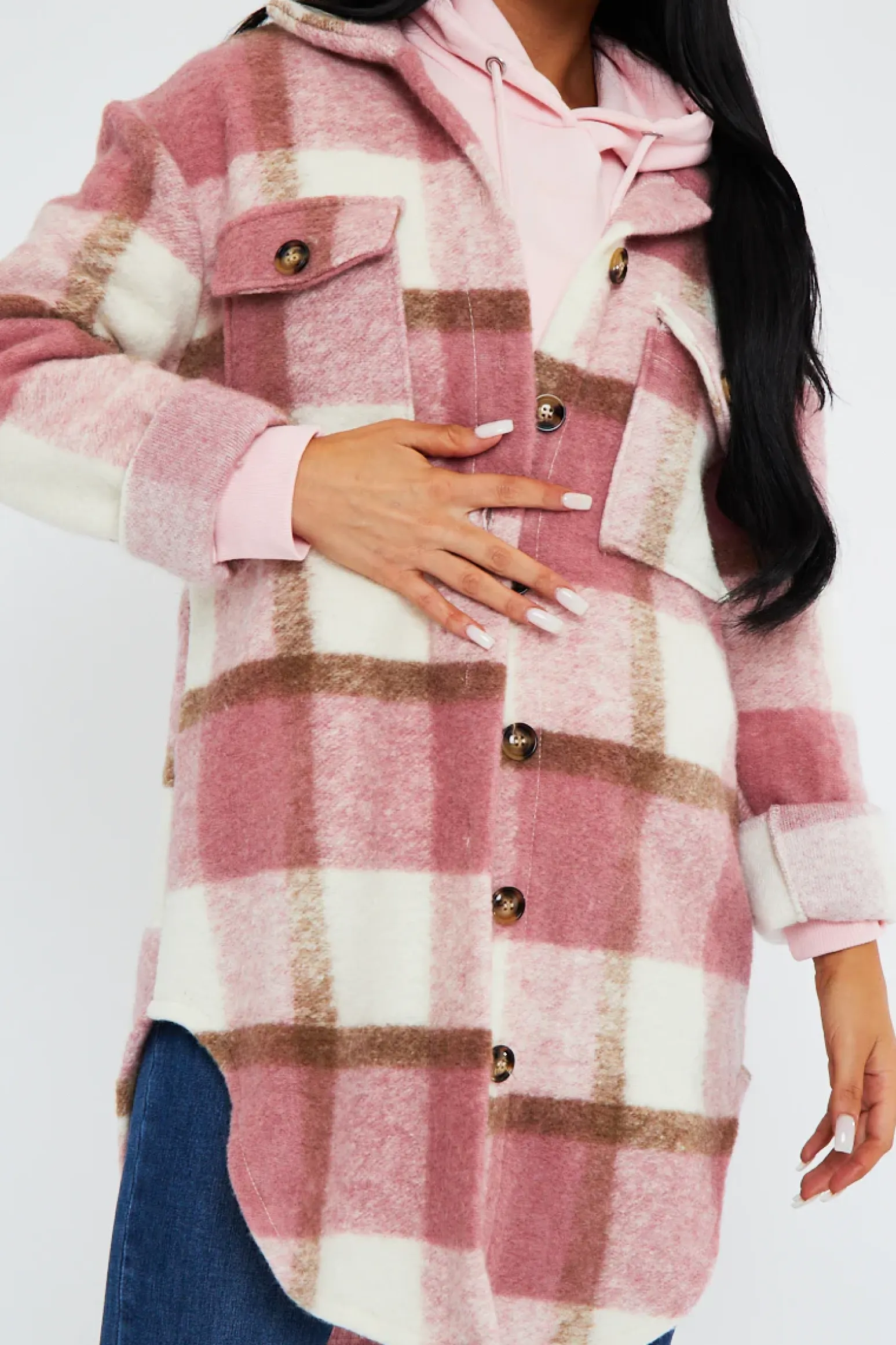 Rebellious Fashion Pink Checked Pocket Front Shacket - Dalani