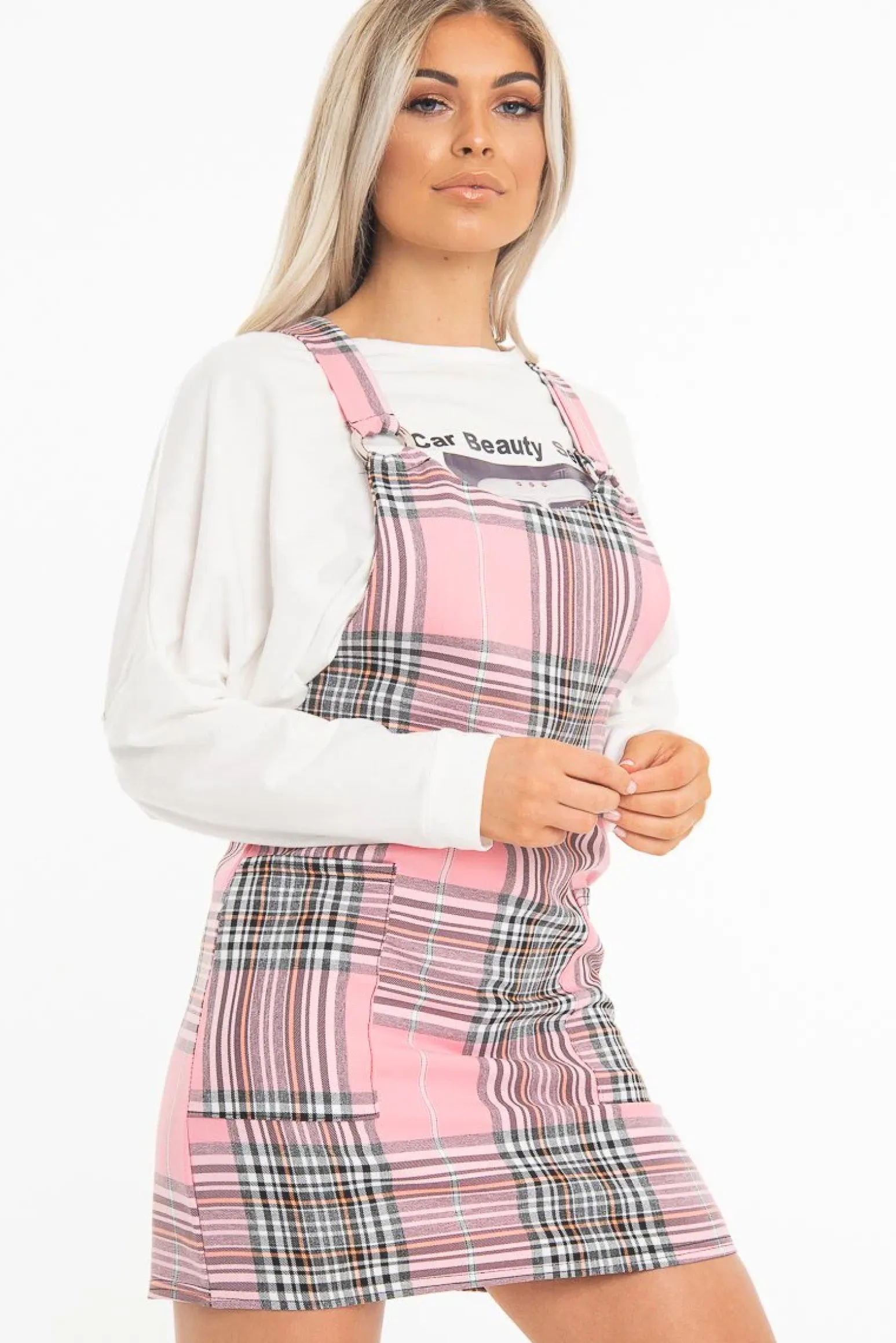Rebellious Fashion Pink Check Ring Detail Pinafore Dress - Blaire