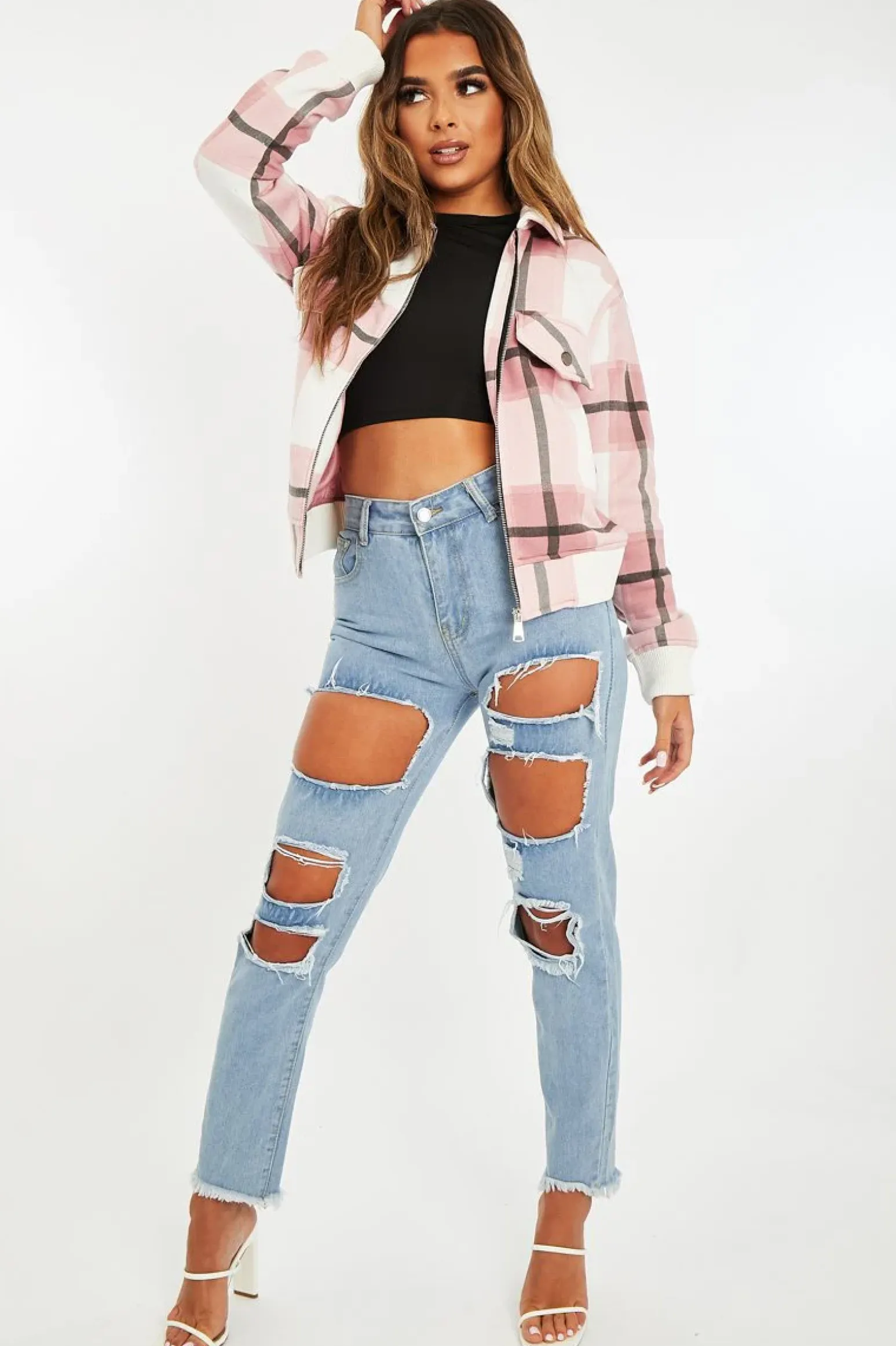 Rebellious Fashion Pink Check Zip Front Bomber Jacket - Luna