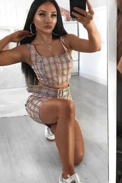 Rebellious Fashion Pink Check Zip Front Bralet Belted Skirt Co-Ord - Cherise
