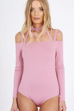 Rebellious Fashion Pink Choker Neck Strappy Bodysuit - Jenny