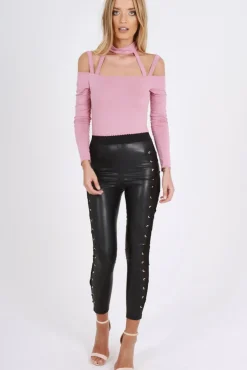 Rebellious Fashion Pink Choker Neck Strappy Bodysuit - Jenny