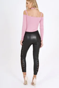 Rebellious Fashion Pink Choker Neck Strappy Bodysuit - Jenny
