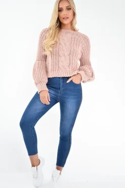 Rebellious Fashion Pink Chunky Knit Balloon Sleeve Jumper - Rielynn