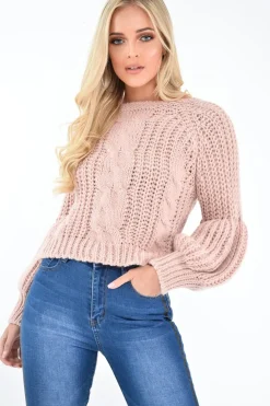 Rebellious Fashion Pink Chunky Knit Balloon Sleeve Jumper - Rielynn