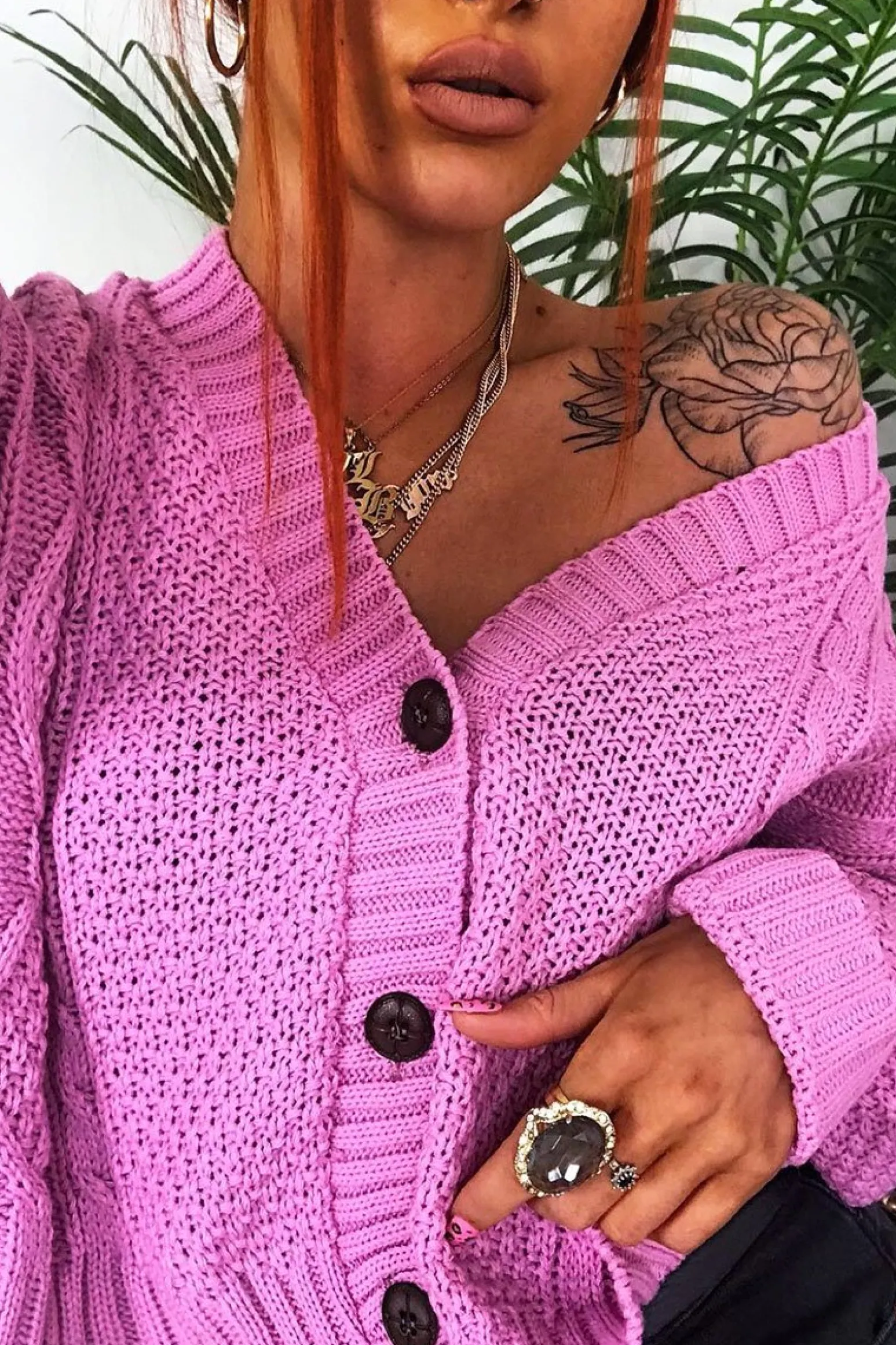 Rebellious Fashion Pink Chunky Knit Button Up Crop Cardigan - Elly