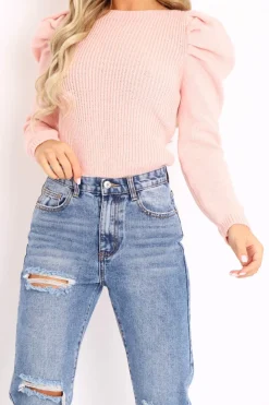 Rebellious Fashion Pink Chunky Knit Puff Sleeve Jumper - Hannahmae