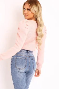 Rebellious Fashion Pink Chunky Knit Puff Sleeve Jumper - Hannahmae