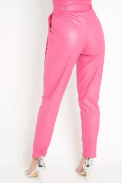 Rebellious Fashion Pink Coated Belted Tapered Trousers - Reyna