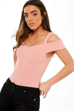 Rebellious Fashion Pink Cold Shoulder Bodysuit - Ria