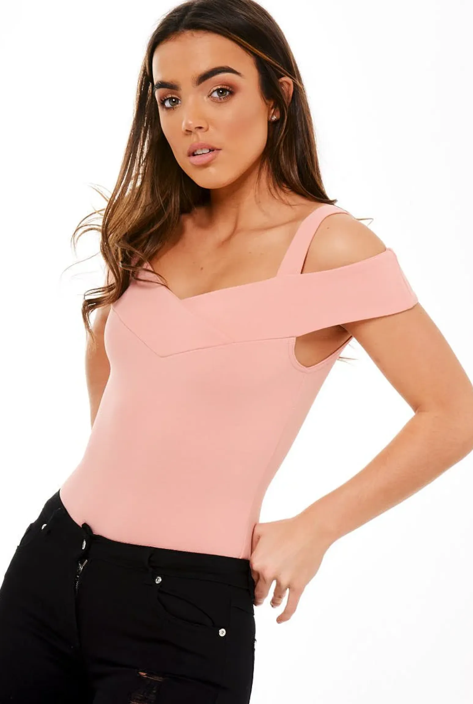 Rebellious Fashion Pink Cold Shoulder Bodysuit - Ria