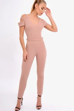 Rebellious Fashion Pink Cold Shoulder Cut Out Jumpsuit - Pria