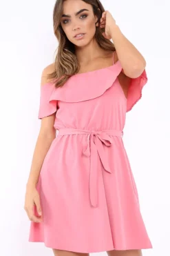 Rebellious Fashion Pink Cold Shoulder Frill Tie Waist Dress - Selah
