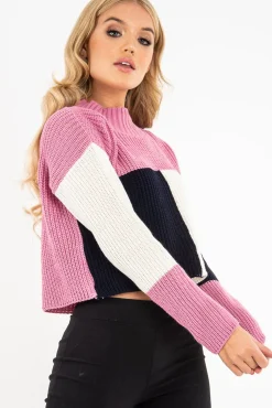 Rebellious Fashion Pink Colour Block Chunky Knit Jumper - Maebel