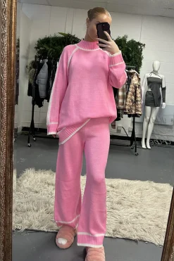 Rebellious Fashion Pink Contrast Stitch knitted Co-ord Set - Lennon