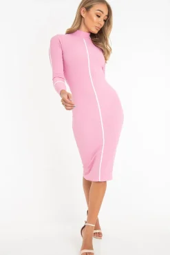 Rebellious Fashion Pink Contrast Stripe Detail High Neck Midi Dress - Niana