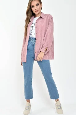 Rebellious Fashion Pink Corduroy Button Front Long Sleeve Shirt - Falcon