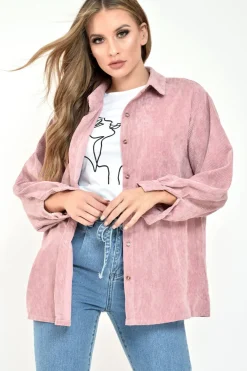 Rebellious Fashion Pink Corduroy Button Front Long Sleeve Shirt - Falcon