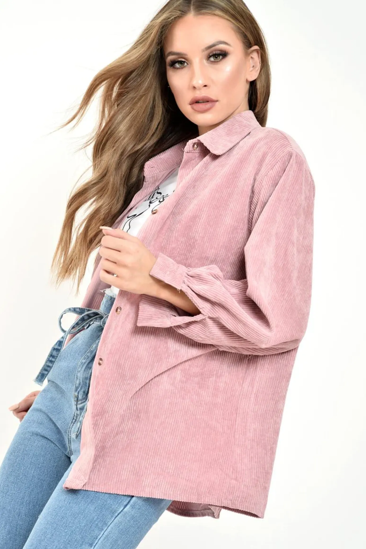 Rebellious Fashion Pink Corduroy Button Front Long Sleeve Shirt - Falcon